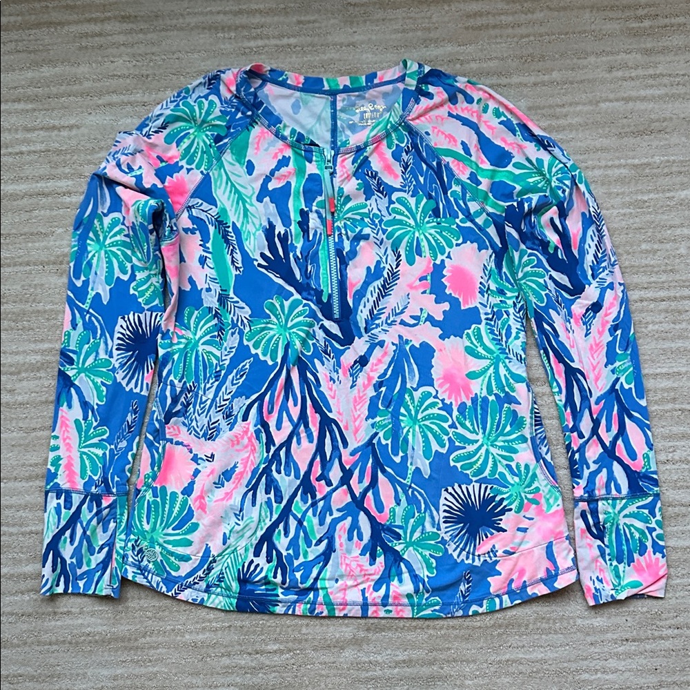 EUC Lilly Pulitzer Delaynee Meryl Luxletic Top Half Zip Jet Stream Size Medium - Picture 3 of 16